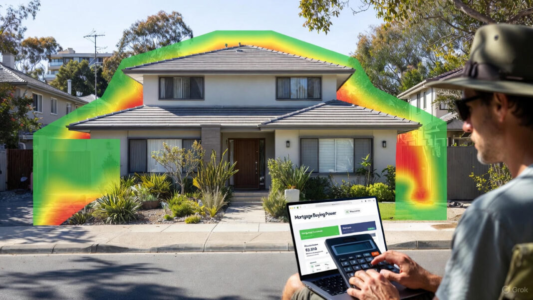 man looking at house and laptop to understand buying power